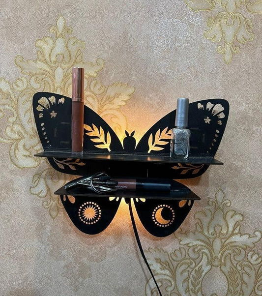 Butterfly design wooden wall shelf with back light